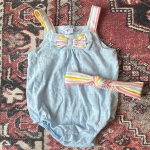 Blue With Rainbow Stripe Baby Girl One Piece Bubble Set With Matching Headwrap.